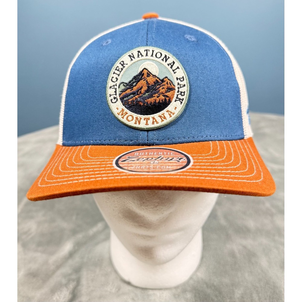 Zephyr Glacier National Park Montana Mens Trucker Snapback Hat Blue‎ Orange